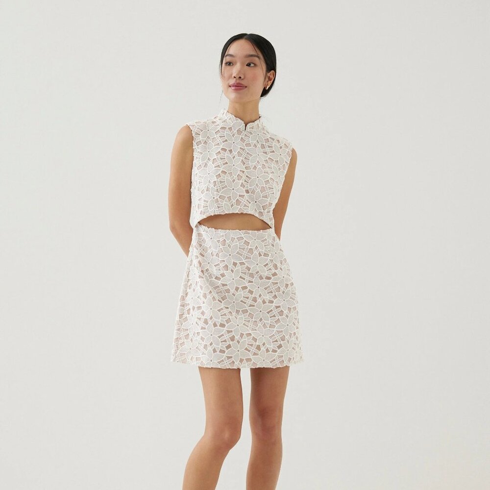 Llana Shoulder Mandarin Collar Mini Dress- XS